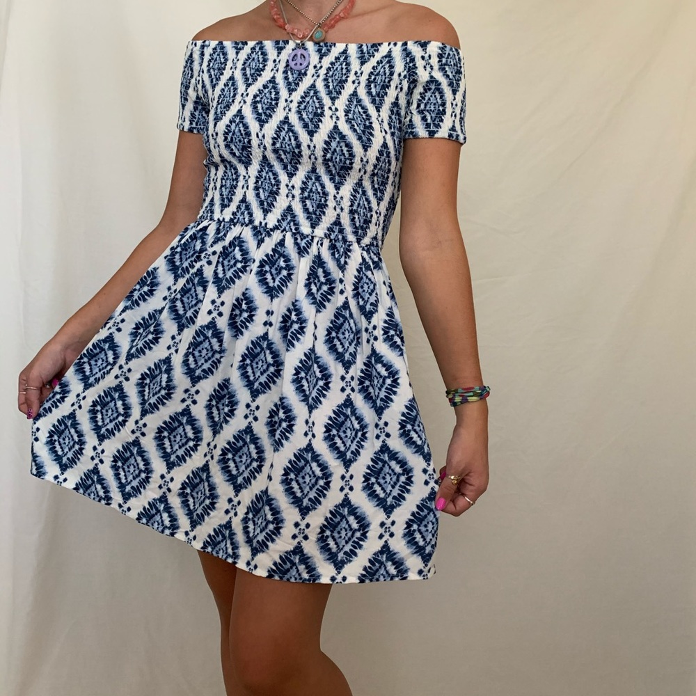 White Hollister Dress with Blue Diamond designs